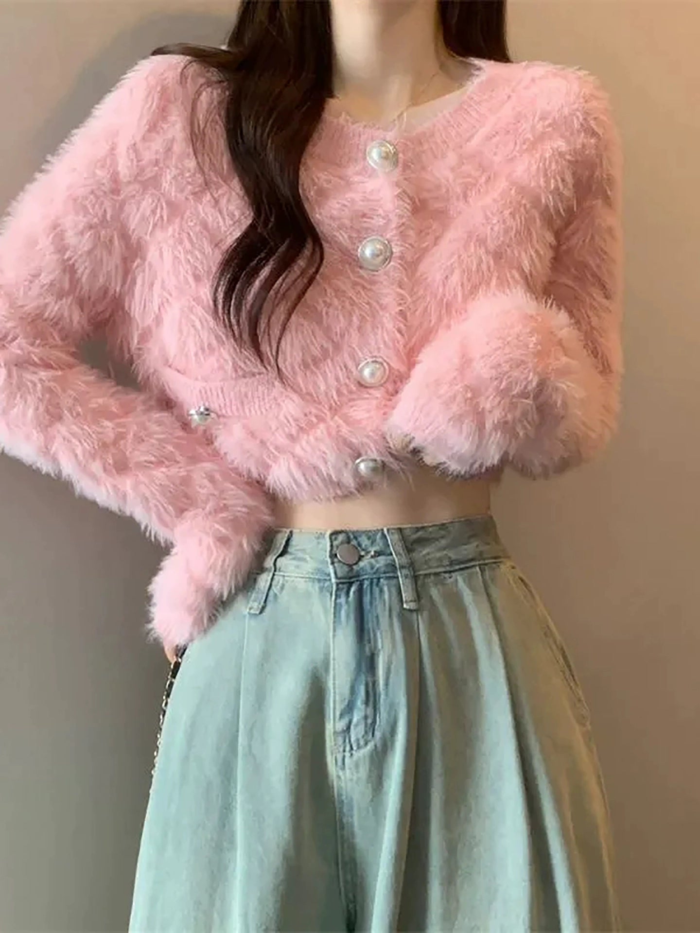 ワッフルフェザーパールクロップドニットカーディガン