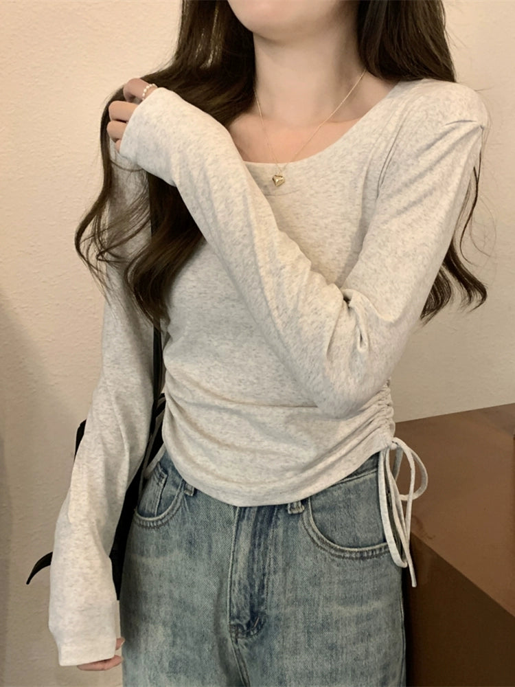 ラウンドネックギャザーロングTシャツ