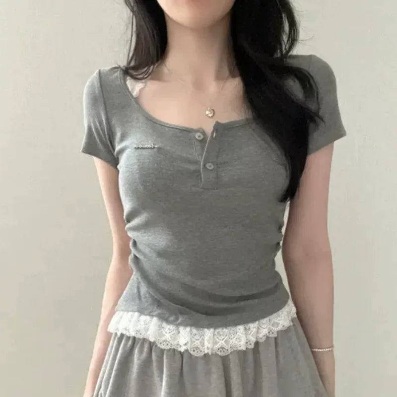 サイドギャザーレースドッキングリブTシャツ
