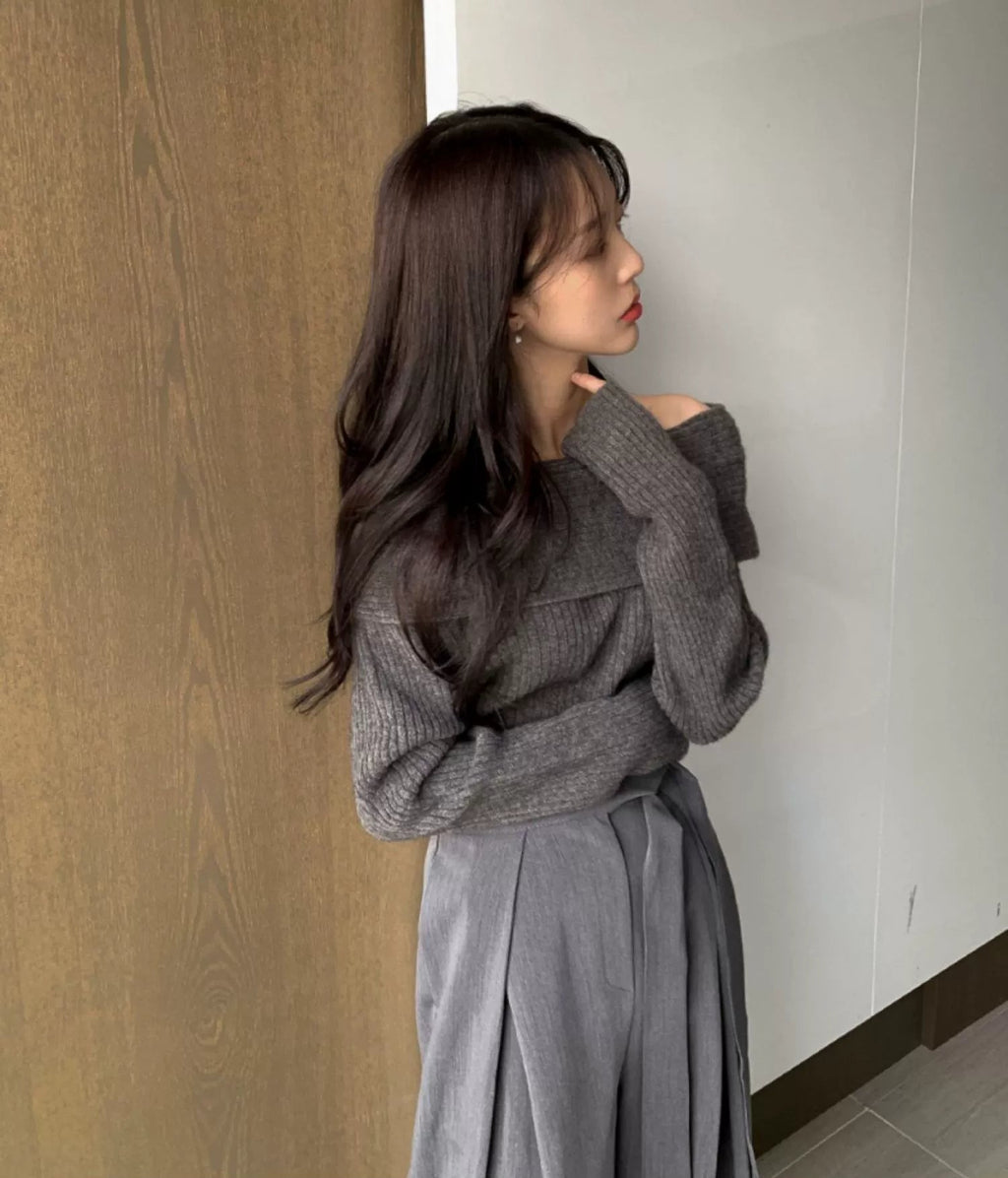 オフショルダーリブニット