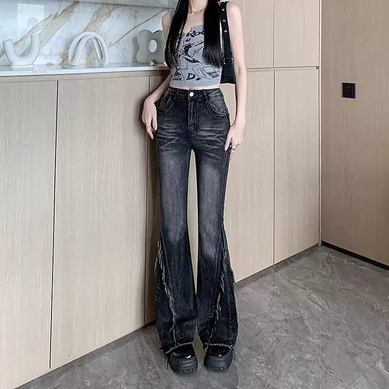 ハイウエストカットオフフレアスリムデニム