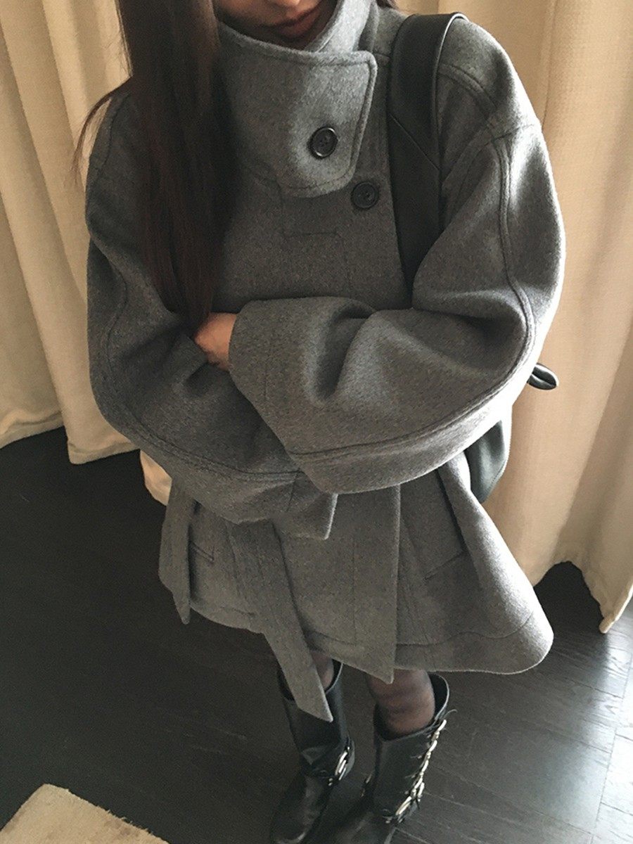 ハイネックベルトウールライクコート