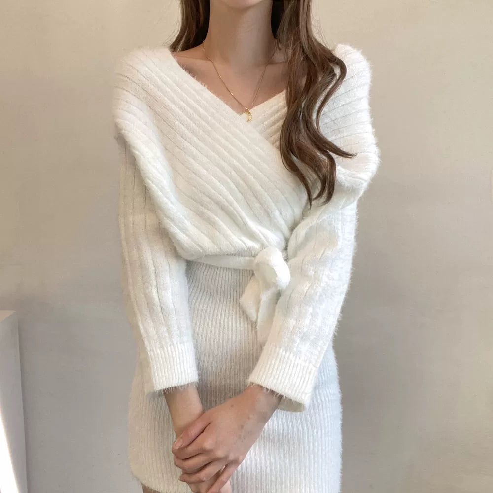 オフショルダーリブニットワンピース