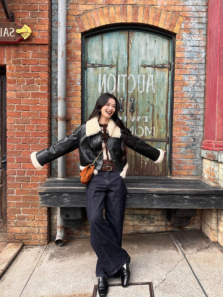 ボアカラーフェイクレザームートンジャケット