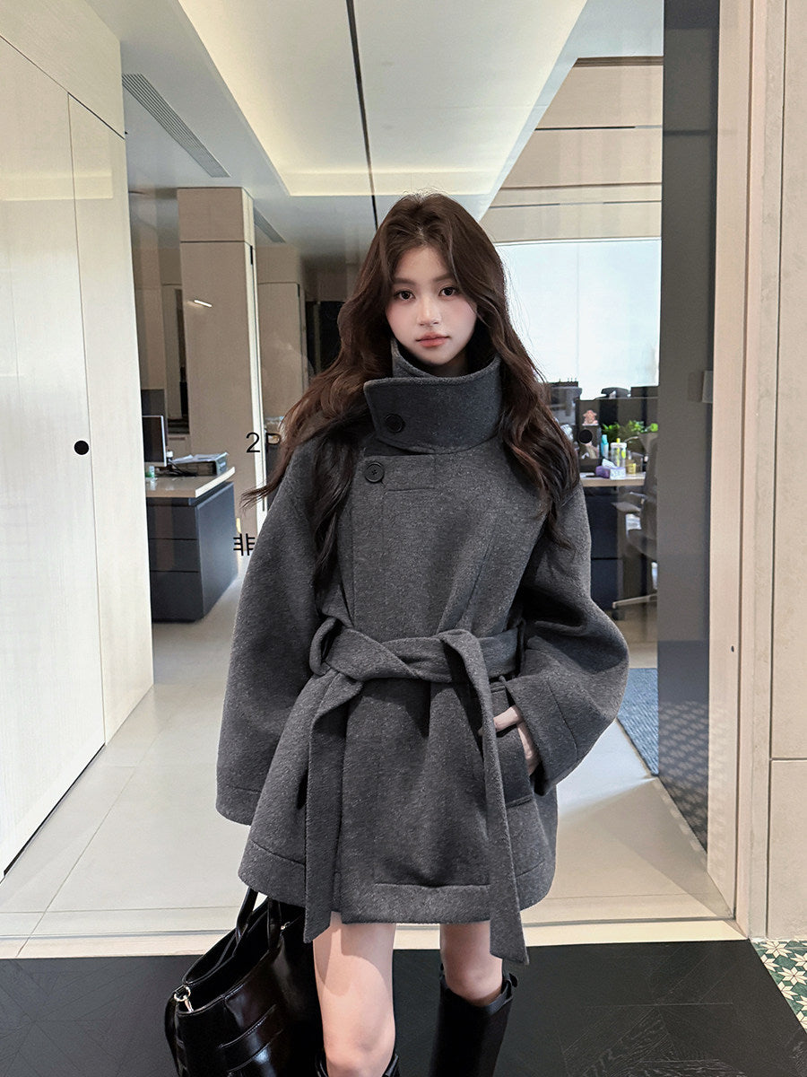 ハイネックベルトウールライクコート