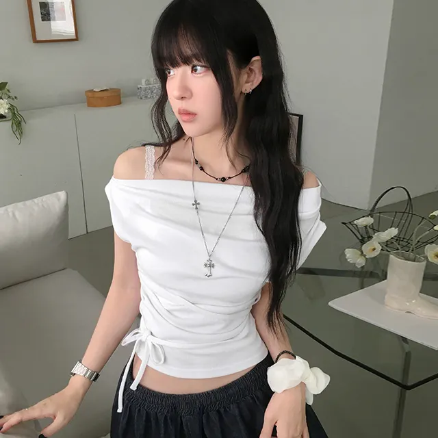 サイドリボンオフショルドレープトップス