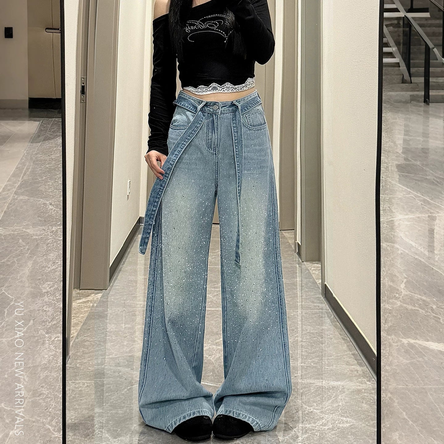 ハイウエストラインストーンワイドデニムパンツ