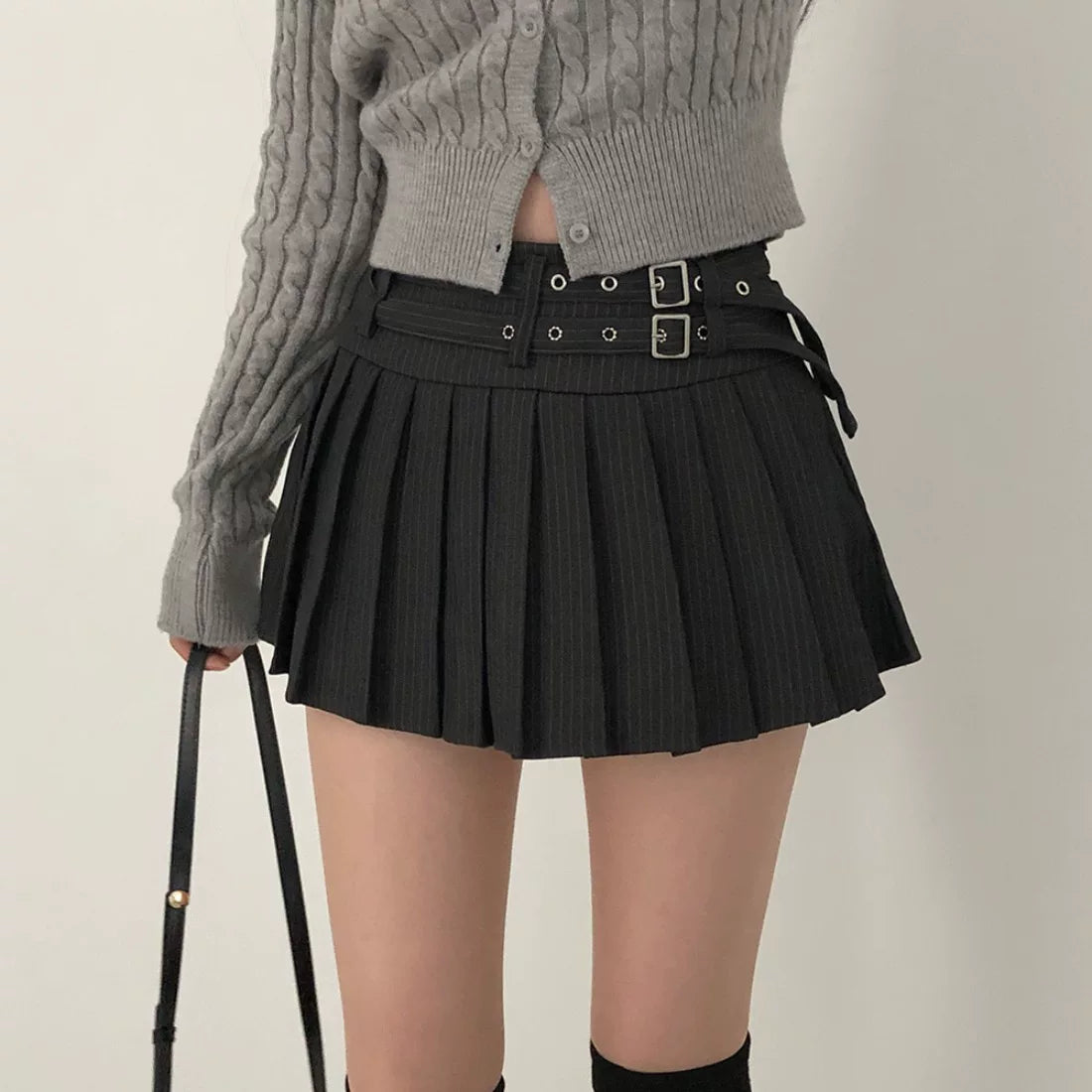 ダブルベルトプリーツミニスカート