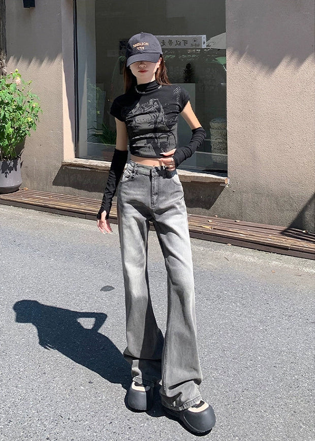 ハイウエストウォッシュドセミフレアデニム