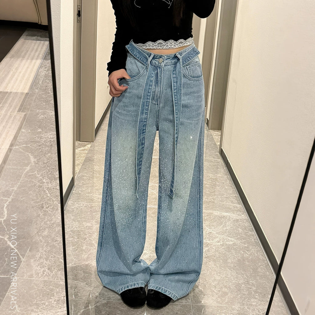 ハイウエストラインストーンワイドデニムパンツ