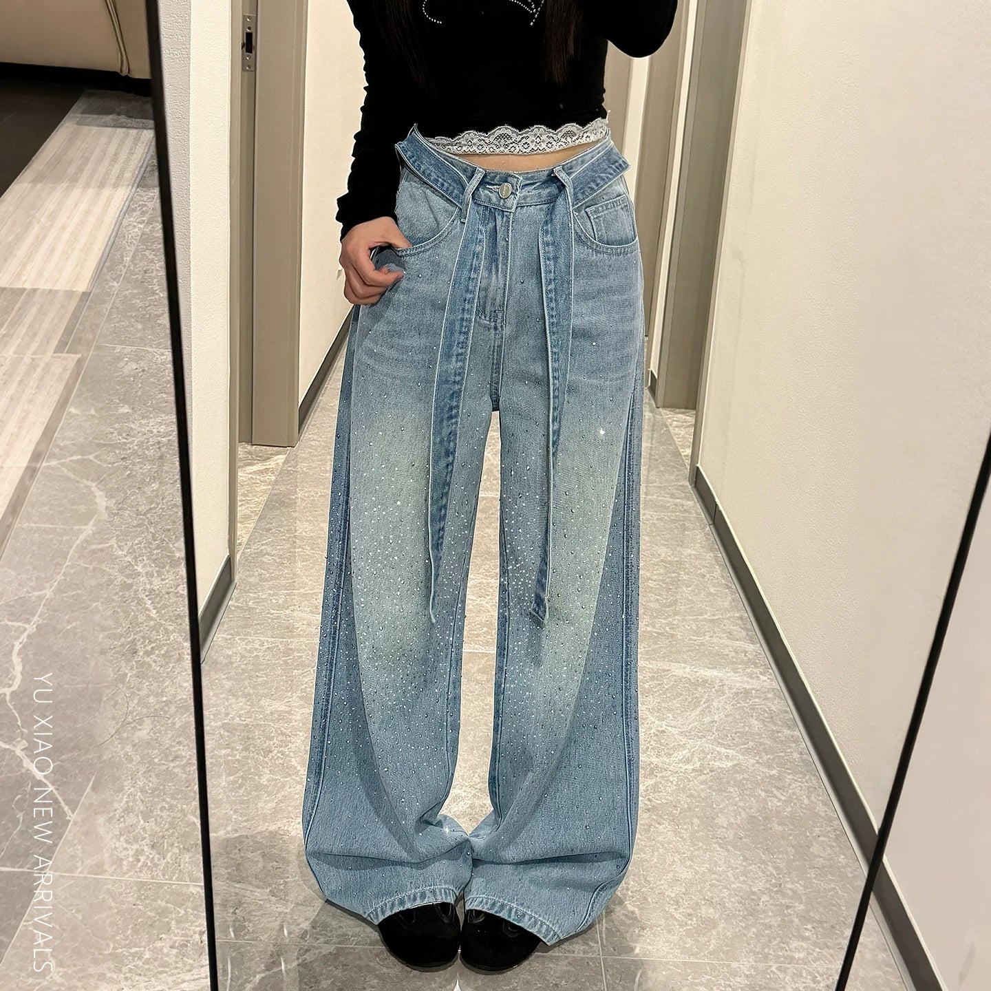 ハイウエストラインストーンワイドデニムパンツ