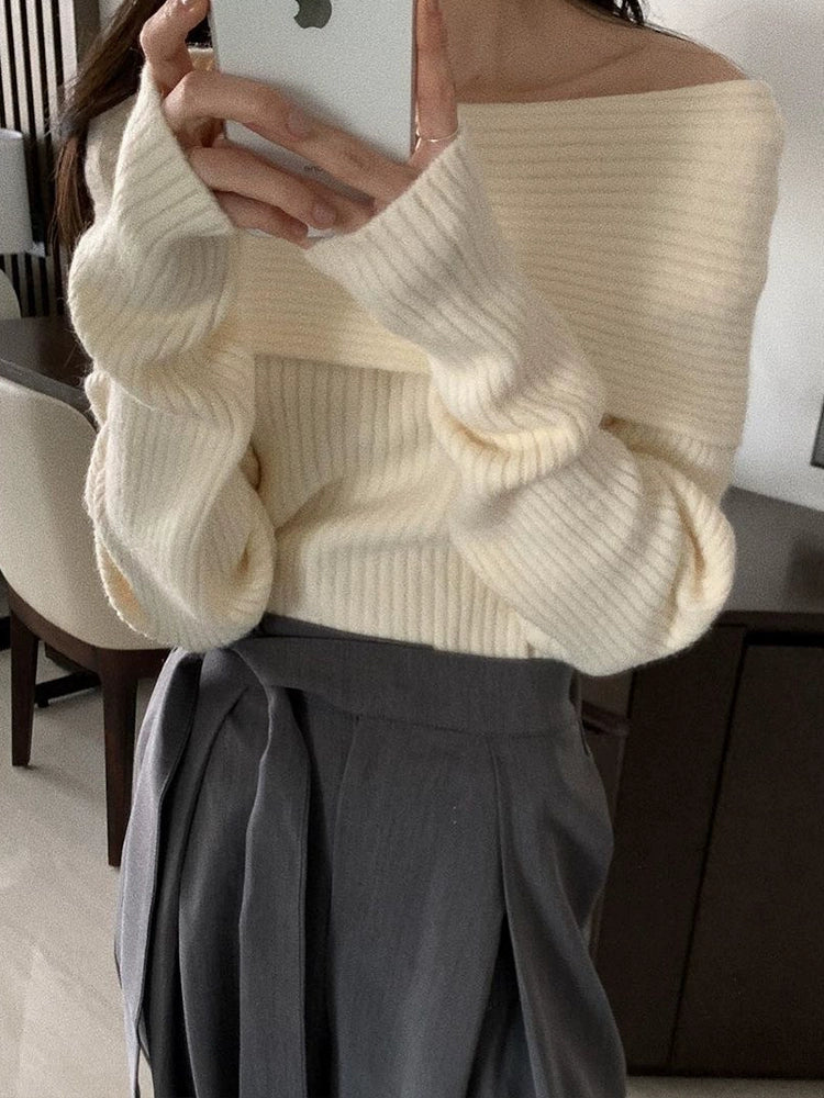 オフショルダーリブニット