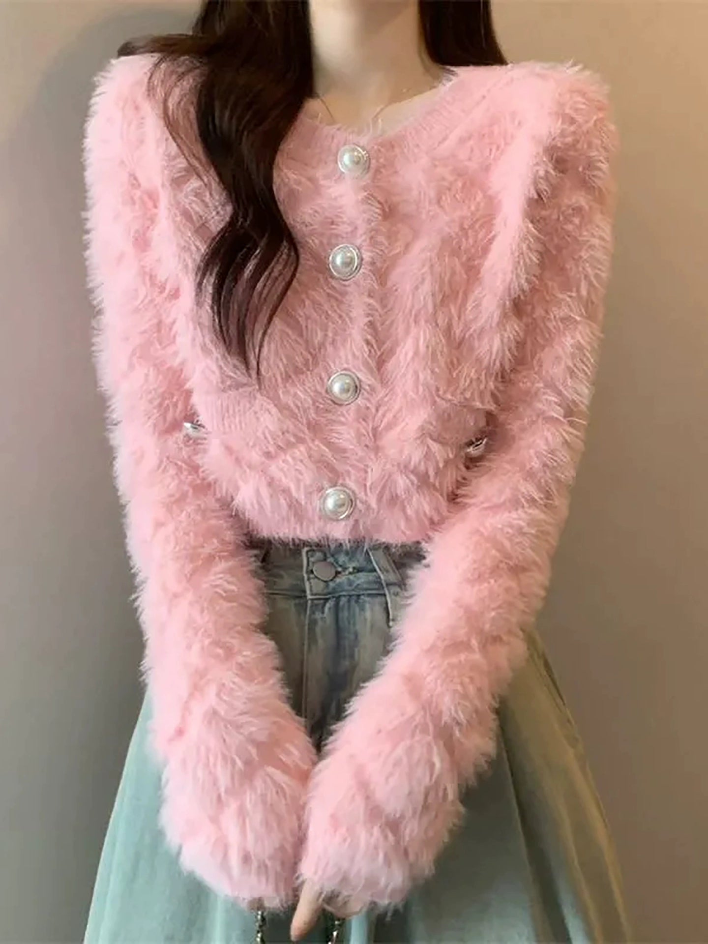 ワッフルフェザーパールクロップドニットカーディガン