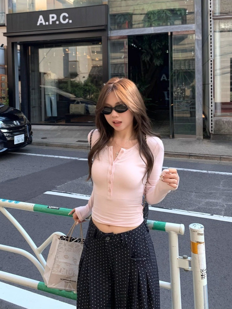 ボタン 可愛いロングTシャツ ラウンドネッククロップドボタンロングTシャツ – WEVIA
