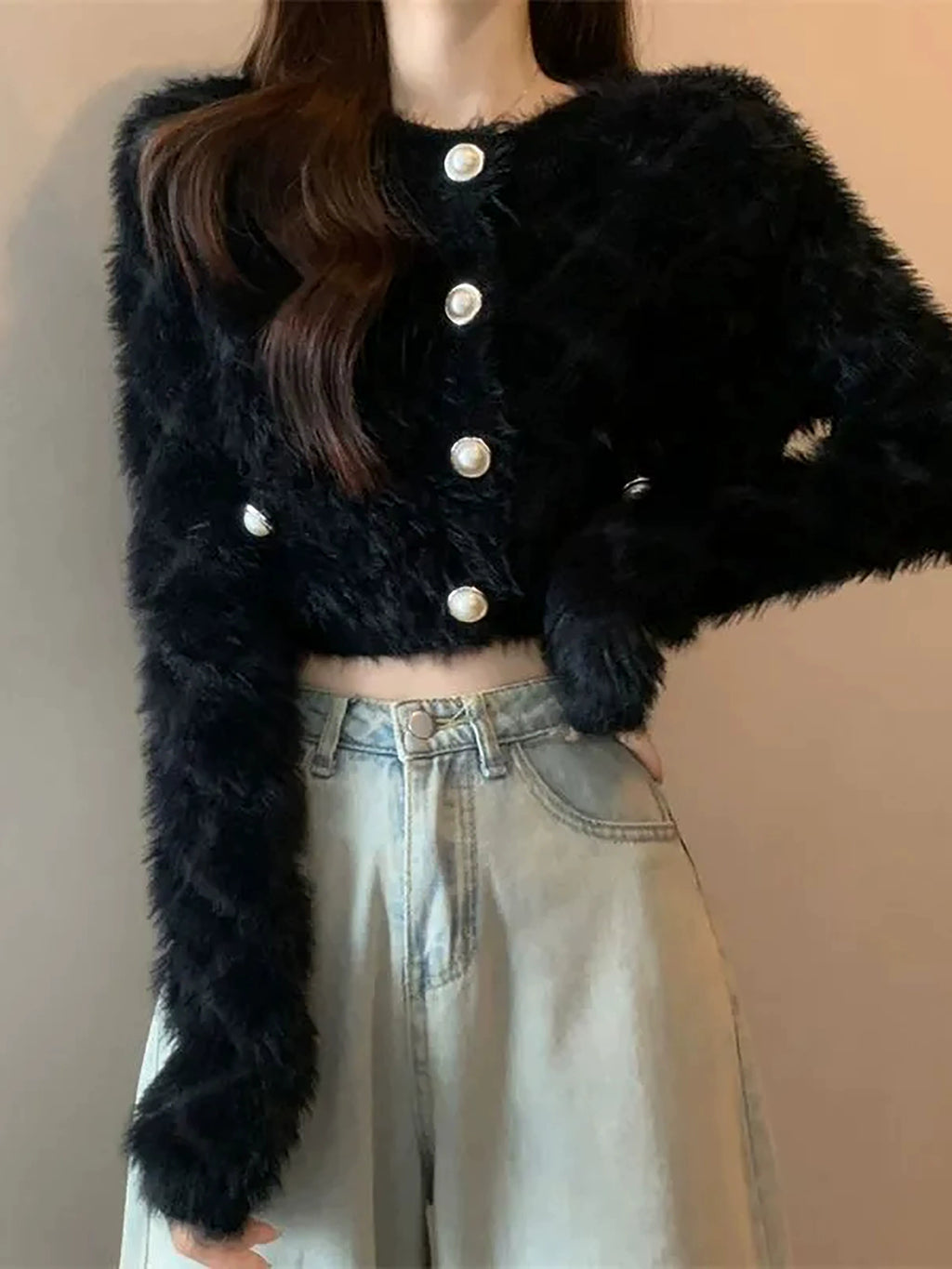 ワッフルフェザーパールクロップドニットカーディガン