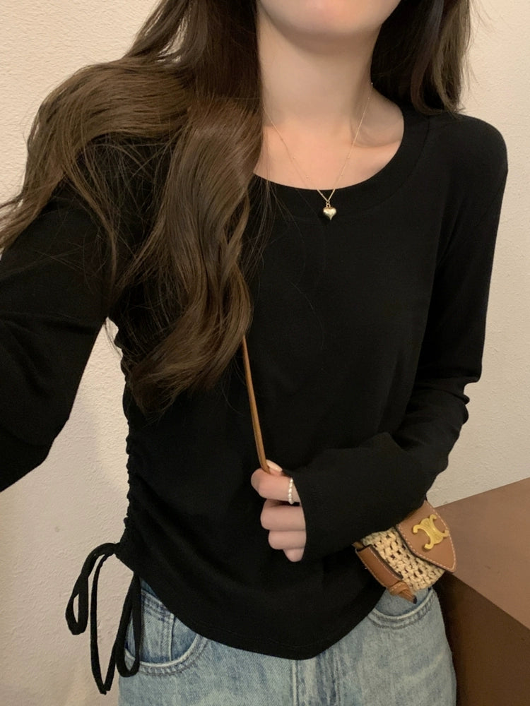 ラウンドネックギャザーロングTシャツ