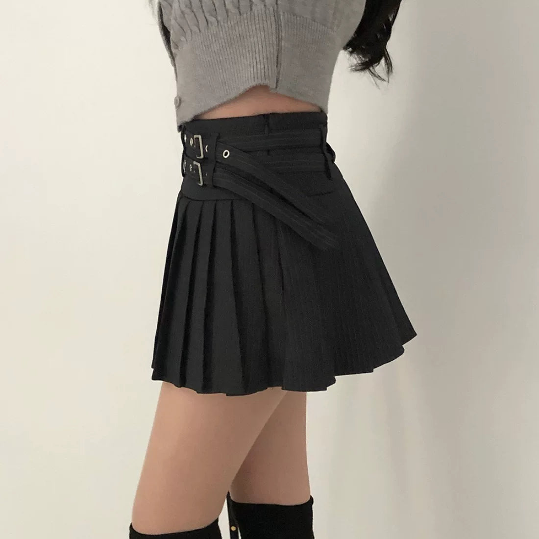 ダブルベルトプリーツミニスカート