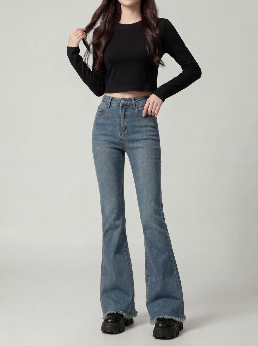 【累計500本突破】ハイウエストスリムフレアデニム