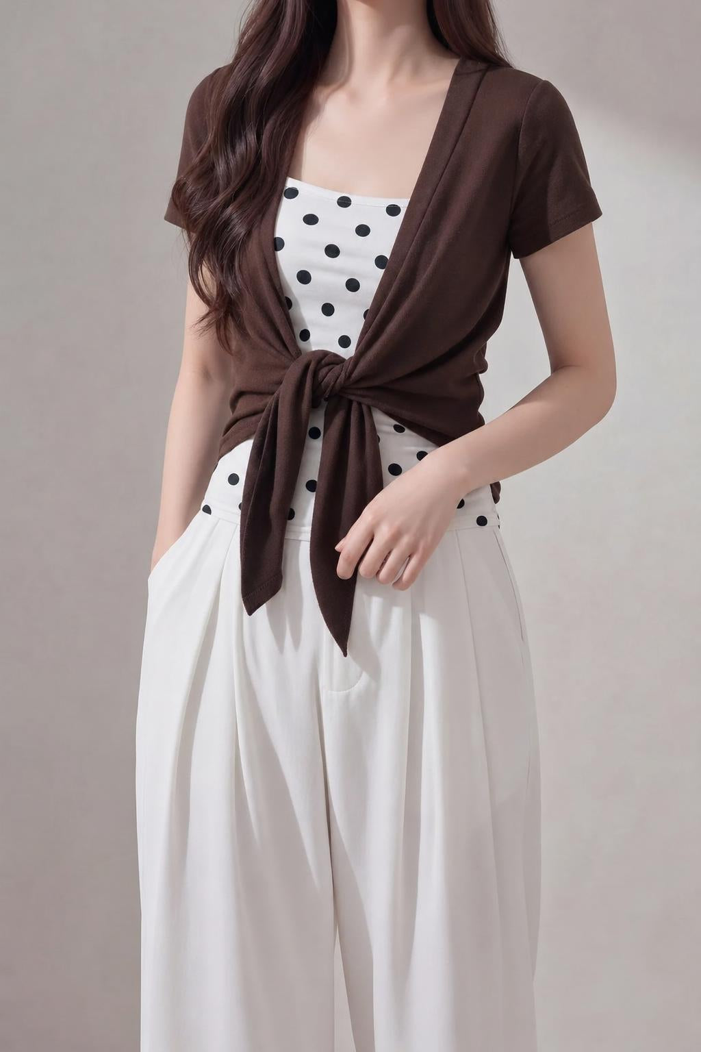 WEVIA coffee polka dot 2-piece set studio shot