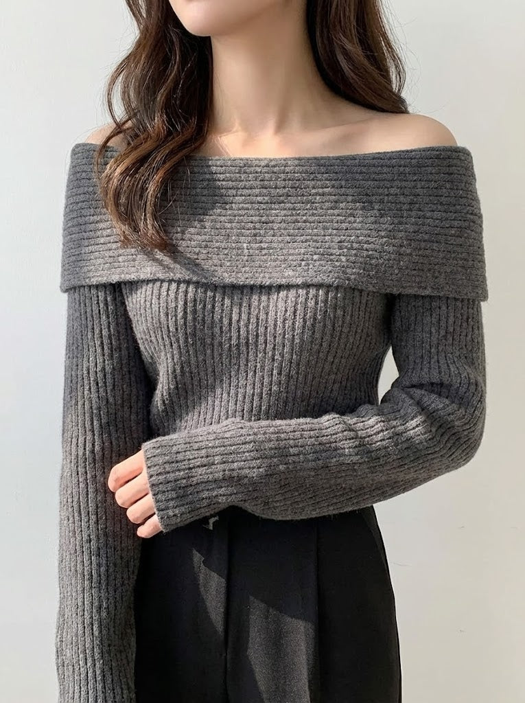 オフショルダーリブニット